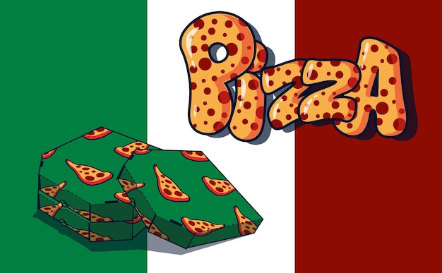 Vettore scatole per pizza e logo sullo sfondo della bandiera italiana logo volumetrico e imballaggio freddo per pizza può essere utilizzato come poster o logo