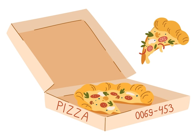 Pizza in cardboard box Hot Italian fast food and slice with melting cheese