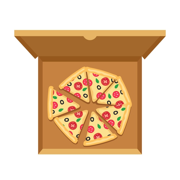 Vettore pizza in una scatola di cartone vector clipart isolato su sfondo bianco