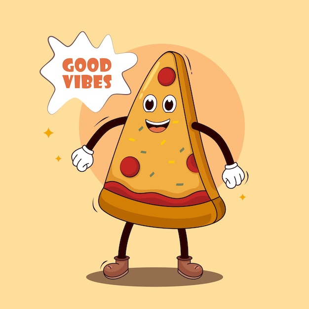 Pizza cartoon personages groovy hippie retro stijl