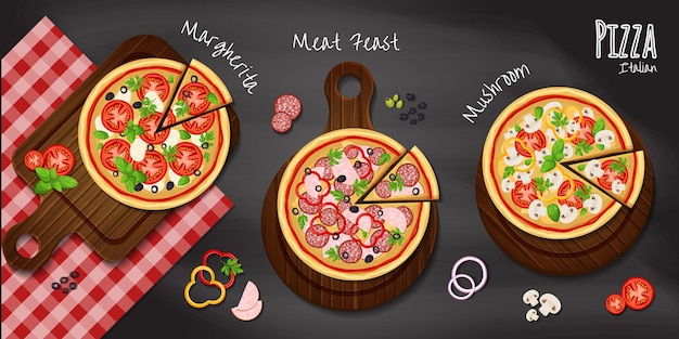 Пицца на фоне классной доски с ингредиентами для пиццы, перца, оливок, помидоров и т.д.