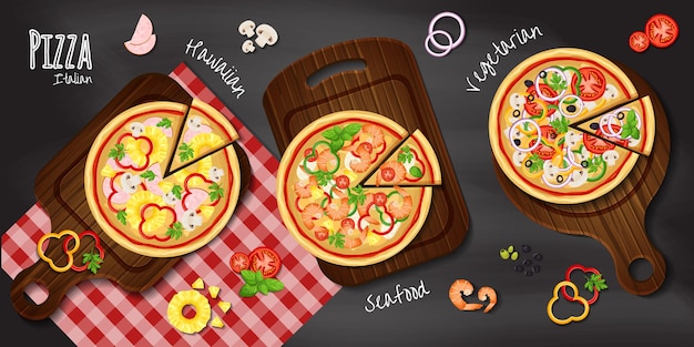 Vector pizza on the chalkboard background with the ingredients for the pizza pepper  olives tomato etc