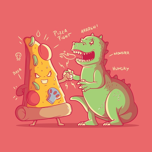 Pizza character fighting monster illustration.