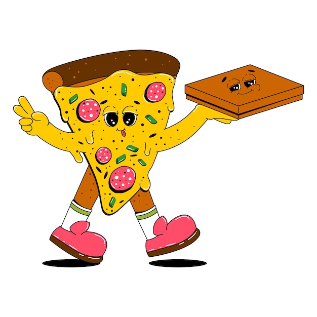 Vector pizza character in retro cartoon style a piece of pizza with a funny expression on its face