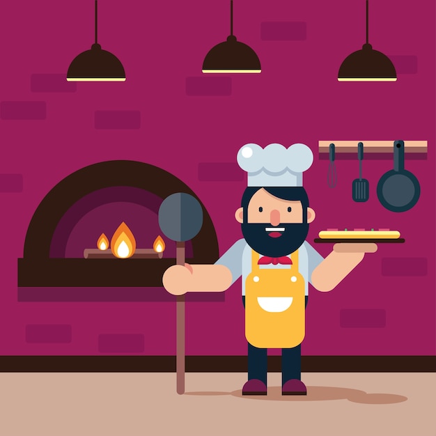 pizza chef cooking with smile in flat vector style