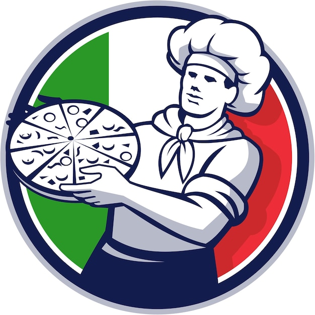 Vettore pizzaiolo che tiene pizza bandiera italia cerchio retrò