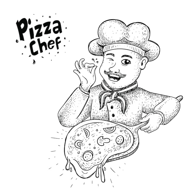 Vector pizza chef-kok illustratie in hand getrokken stijl