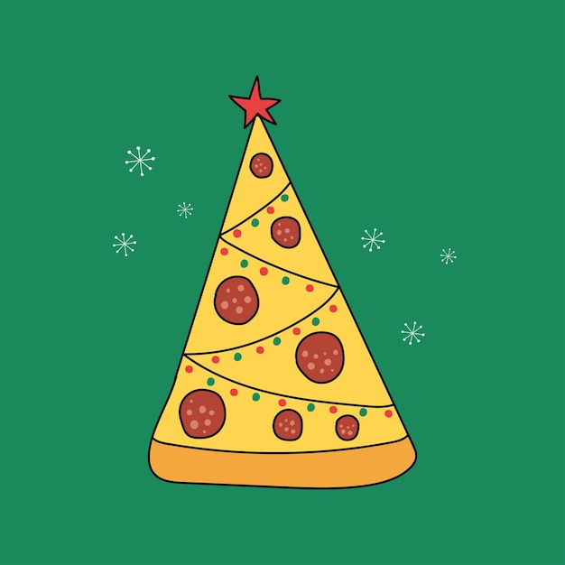 Pizza albero di natale con una stella in cima illustrazione piatta vettoriale ottimo per poster di carte di design