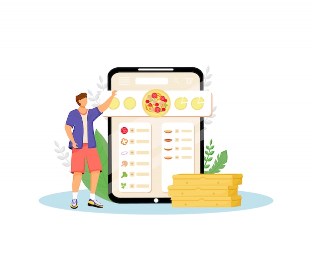 Costruttore della pizza, illustrazione piana di ordinazione online di concetto degli alimenti a rapida preparazione. cliente, uomo che sceglie gli ingredienti personaggio dei cartoni animati 2d per il web design. idea creativa di servizio internet pizzeria