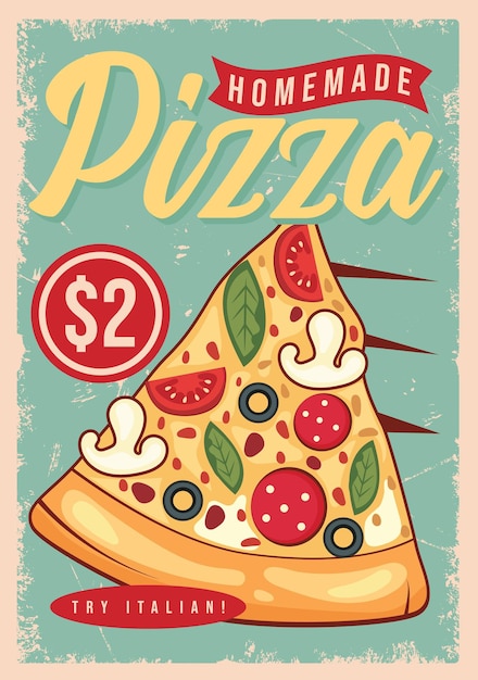 Пицца декоративный ресторан или пиццерия ретро плакат векторный дизайн