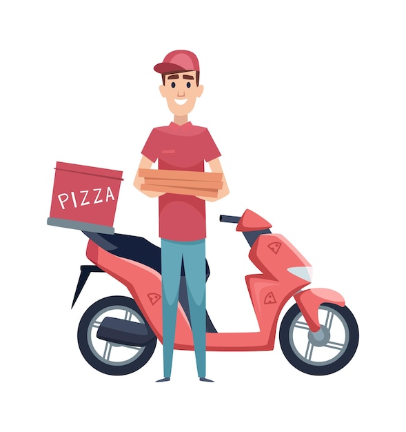 피자 배달. 음식 상자와 스쿠터를 가진 소년입니다. 고립 된 오토바이와 플랫 남자 벡터 문자입니다. 상자 피자, 오토바이 서비스 배달 일러스트와 함께 소년