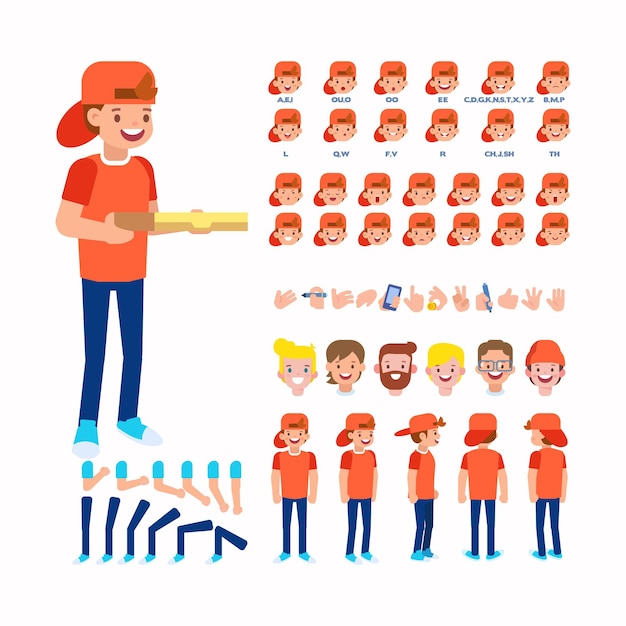 Pizza Delivery Courier guy for animation with various hairstyles emotions and gestures