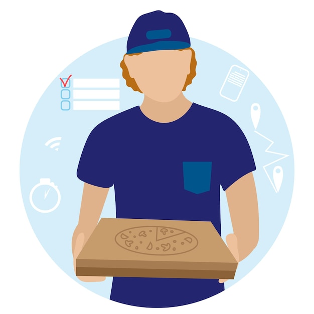 Uomo di consegna pizza in uniforme blu su bianco servizio di consegna ordini online in stile piatto