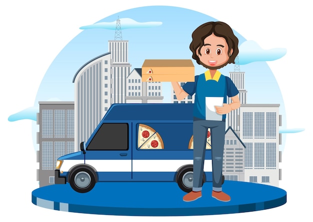 Pizza delivery man cartoon character on white background