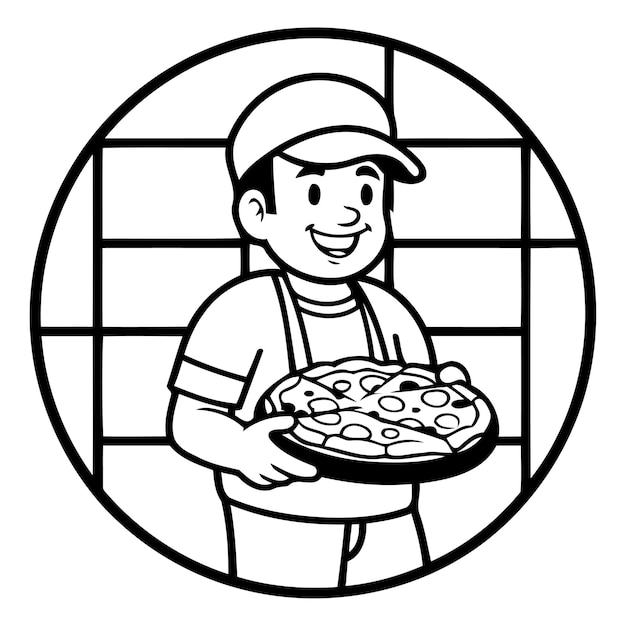 Pizza delivery man holding pizza Vector illustration in cartoon style