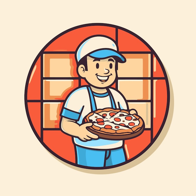 ピザを手にしているピザ配達員 漫画スタイルのベクトルイラスト