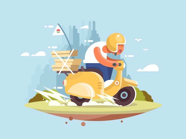 Pizza delivery man on a scooter driving fast vector illustration