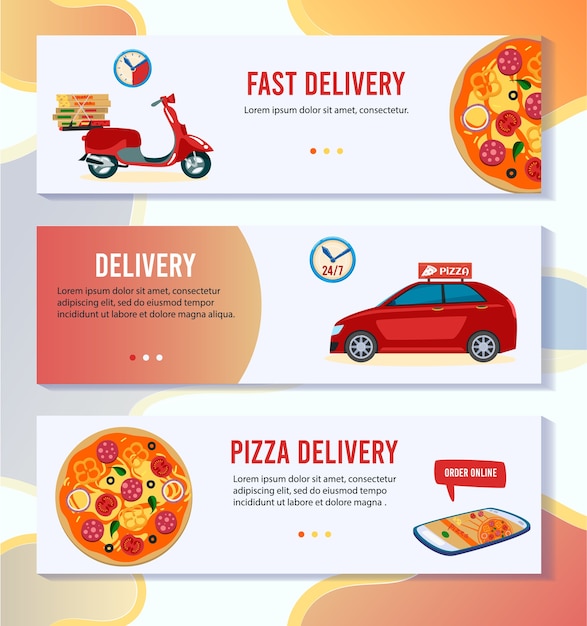 Векторная иллюстрация доставки пиццы. мультяшный плоский баннер для мобильного приложения с онлайн-заказом пиццы в пиццерии, бесплатная экспресс-доставка на скутере или автомобиле