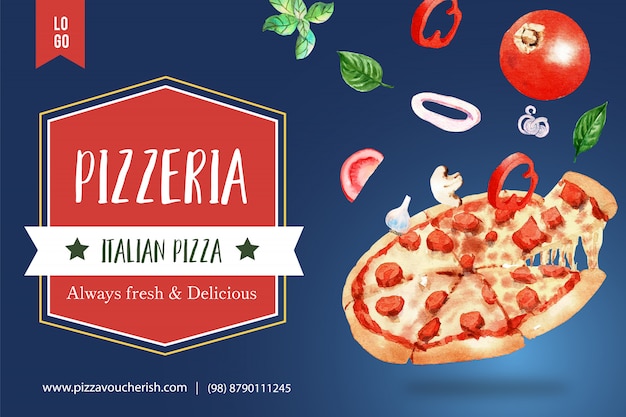 Progettazione della pizza con l'illustrazione dell'acquerello della pizza delle salame piccante.