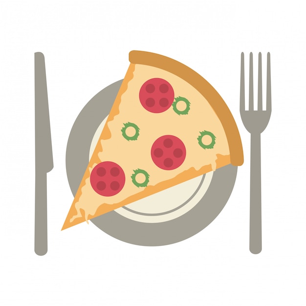 Pizza on dish with cutlery