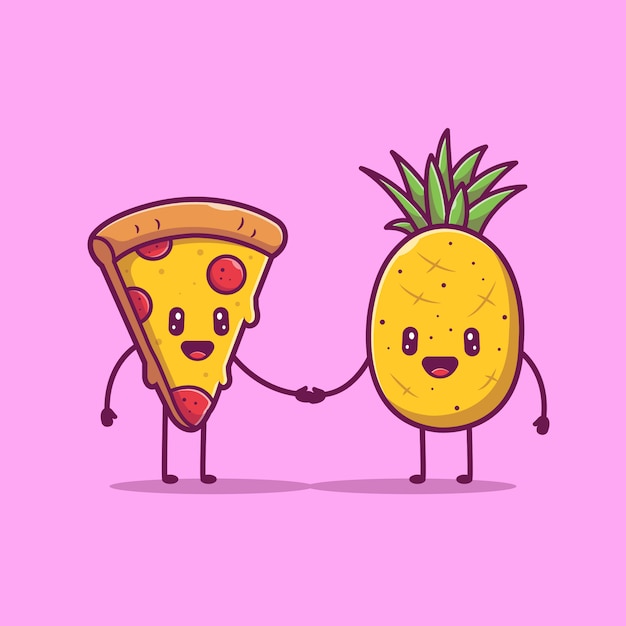 Pizza en ananas schattig karakter pictogram illustratie. liefde paar voedsel mascotte, voedsel pictogram concept geïsoleerd