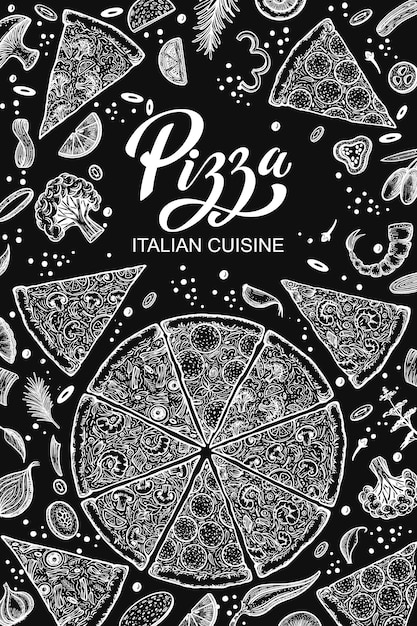 Pizza en ingrediënten Handgetekende pizzeria menusjabloon Set van Italiaanse keukenproducten Pieces