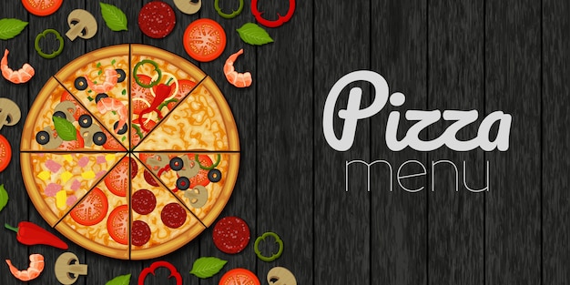 Vector pizza en ingrediënten voor pizza op hout zwarte achtergrond. pizza menu. object voor verpakking, advertenties, menu.