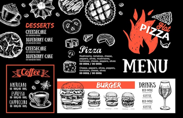 Pizza eten Menu, Restaurant, Cafe, sjabloonontwerp. Handgetekende illustraties, Food flyer.