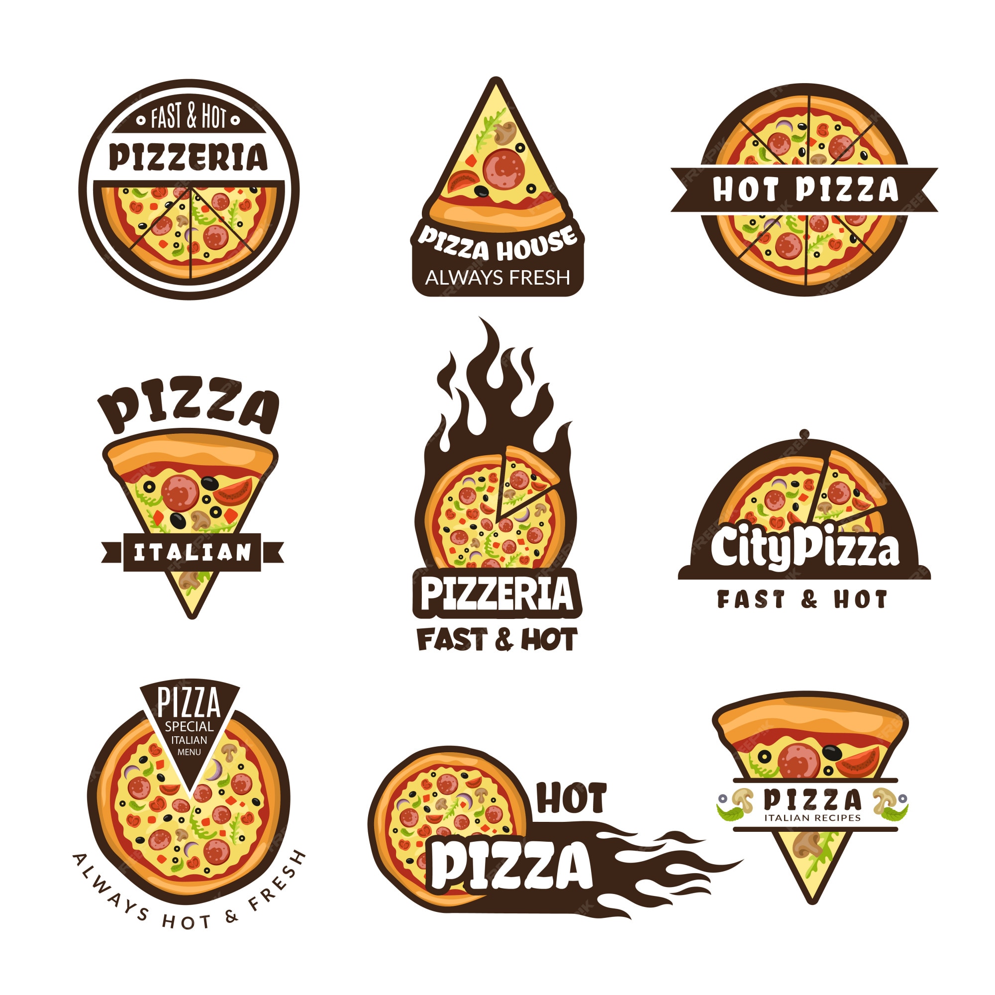 Pizza etiketten. pizzeria logo ontwerp italiaanse taart eten ingrediënten gekleurde badges sjabloon | Premium Vector