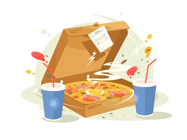 Pizza fast food delicious and fragrant in cardboard box.  illustration