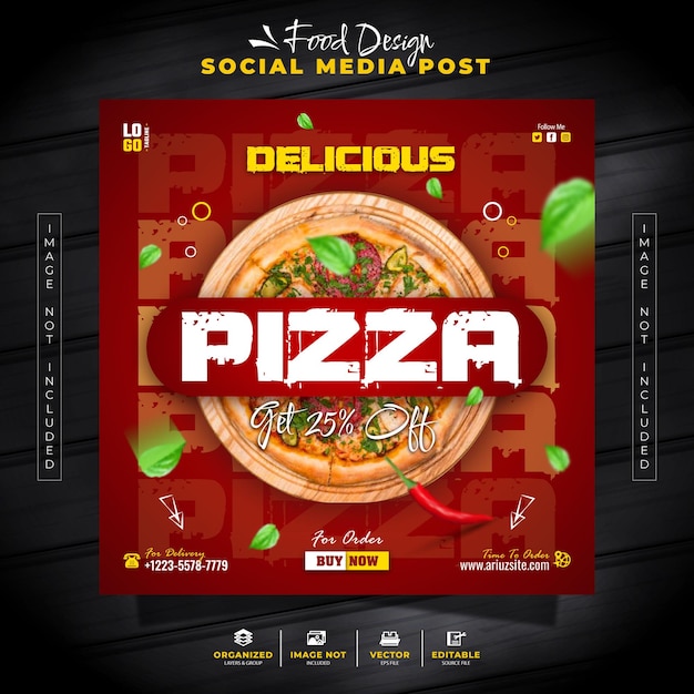 Menu pizza fast food promozione speciale post sui social media e modello di banner per la promozione
