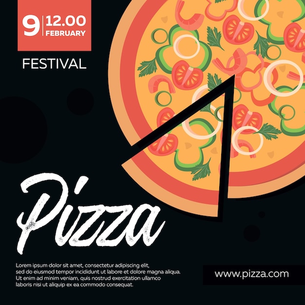 Pizza Festival, poster. Pizza with ingredients on a dark background. Pizzeria design concept for cafes, restaurants.