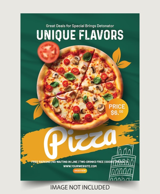 Vector pizza flyer design template cooking cafe and restaurant menu food ordering junk food pizza