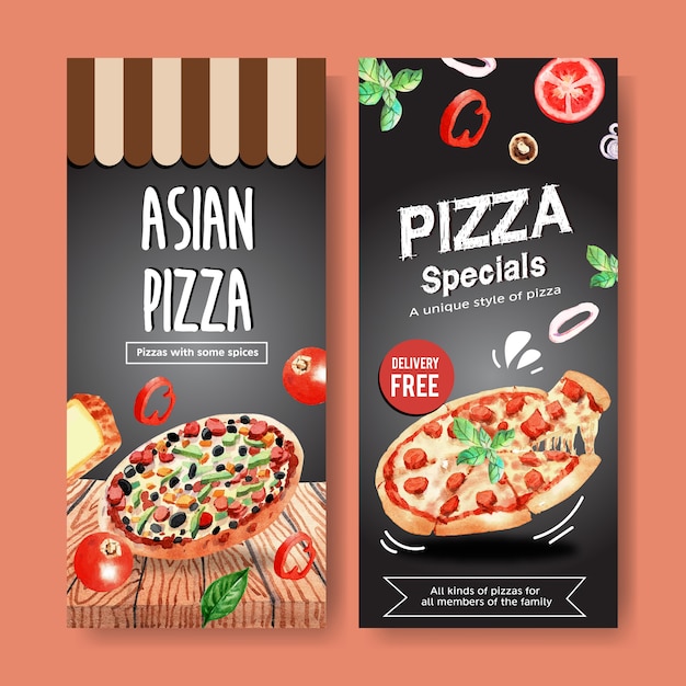 Vector pizza flyer ontwerp met aziatische pizza, pepperoni pizza aquarel illustratie.