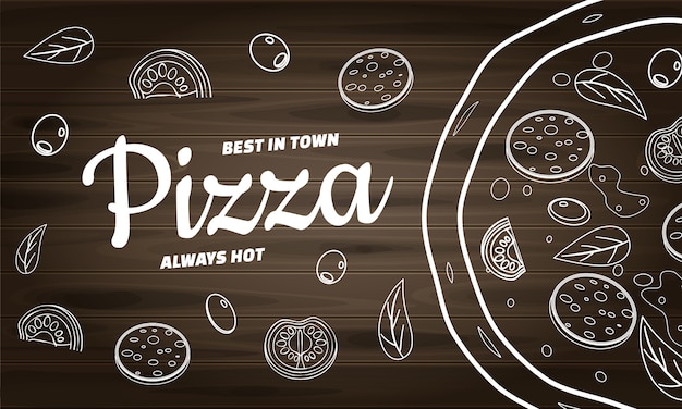 Vector pizza food banner for restaurant and cafe. design in doodle lineart style template