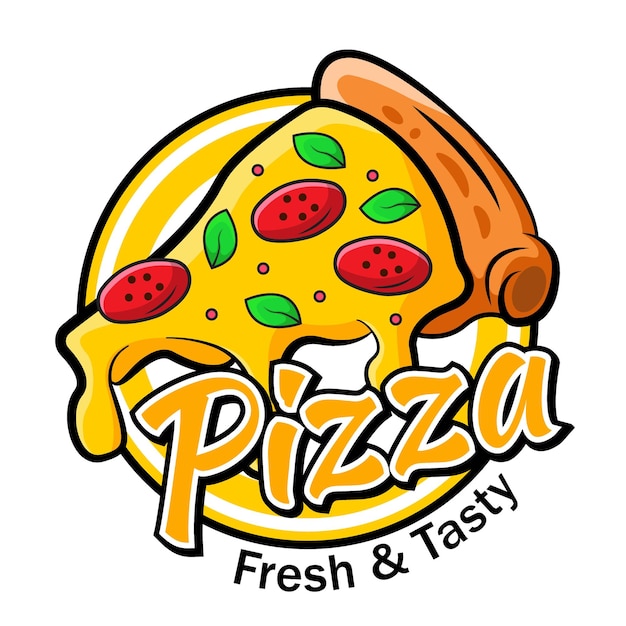 Pizza food logo brand product badge cartoon style vector illustration editable text effect style art