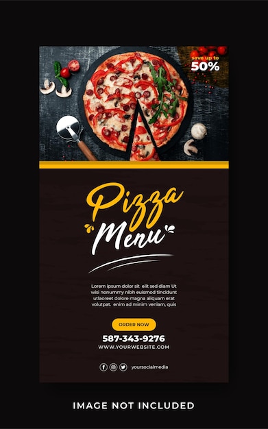 Vettore modello dell'insegna di storia del instagram di media sociali di promozione del menu dell'alimento della pizza