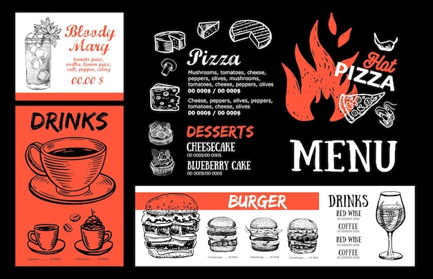 Pizza food Menu, Restaurant, Cafe, template design. Hand drawn illustrations, Food flyer.