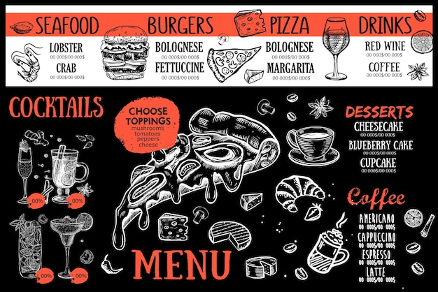 Vettore menu di cibo per pizza, ristorante, caffetteria, modello di progettazione. illustrazioni disegnate a mano, volantino alimentare.