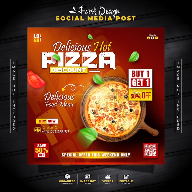 Pizza food menu modello di post sui social media per la promozione