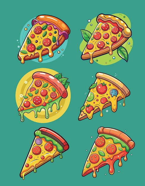 pizza food sausage cartoon gaming stylish sticker vector illustration bright green orange