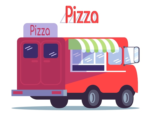 Vector pizza food truck flat vector illustration. ready takeaway meal vehicle. pizzeria van. street food car. italian cuisine restaurant on wheels isolated on white background