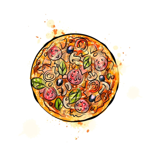 Pizza da una spruzzata di acquerello, schizzo disegnato a mano. illustrazione di vernici