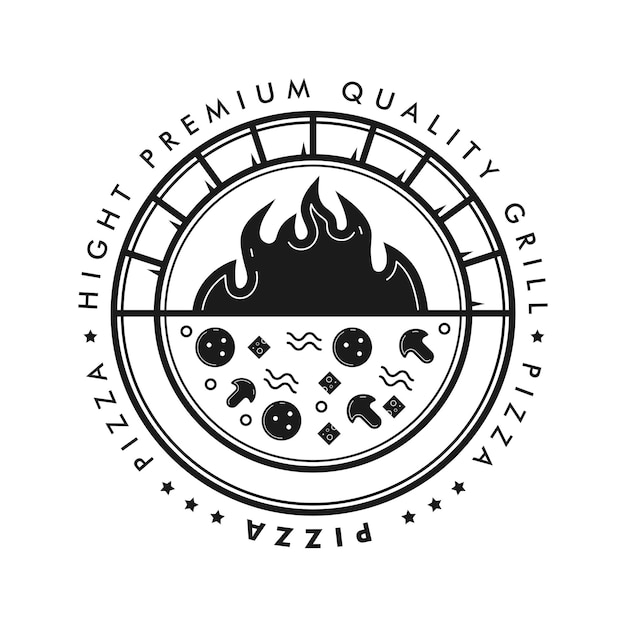 Pizza grill cirkel badge logo met hete steenoven en vlam. vector illustratie.