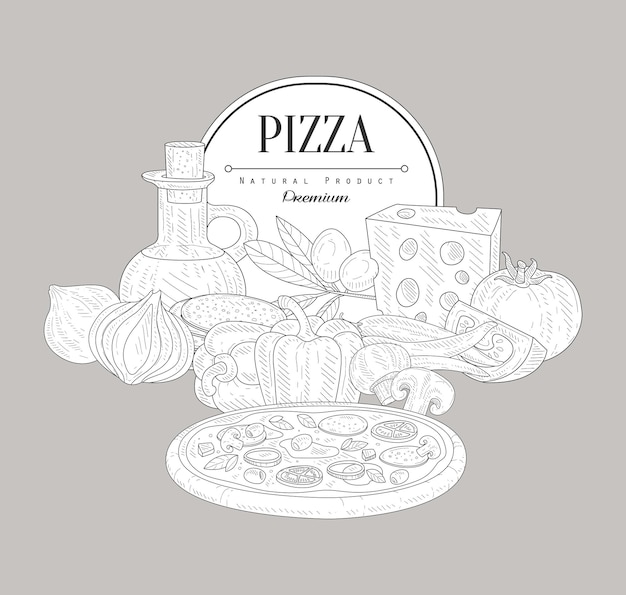 Pizza Ingrediënten Vintage Vector Handgetekende Ontwerpkaart