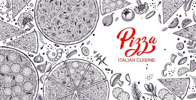 Pizza e ingredienti modello di menu pizzeria disegnato a mano set di prodotti della cucina italiana