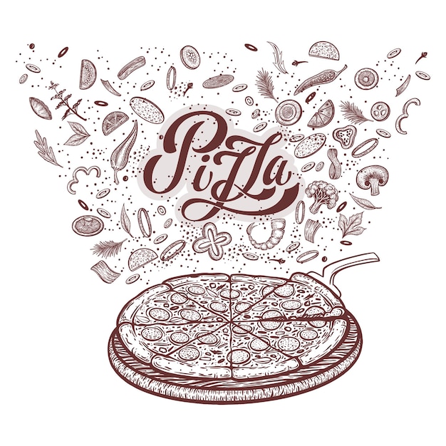 Pizza e ingredienti modello di menu pizzeria disegnato a mano set di prodotti della cucina italiana