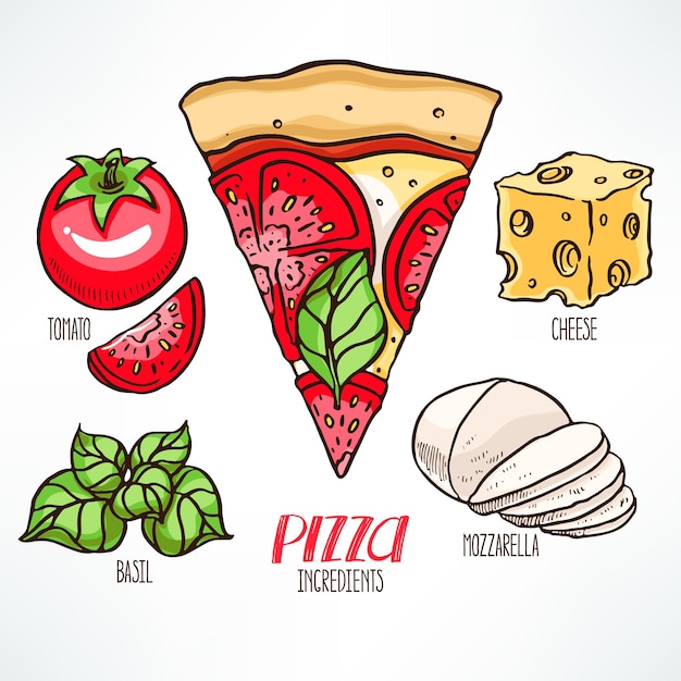 Pizza ingredients. piece of pizza with tomatoes and mozzarella. hand-drawn illustration