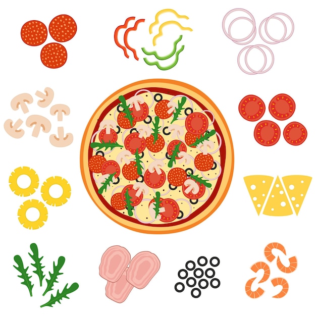 Vettore pizza e ingredienti per l'illustrazione vettoriale della pizza