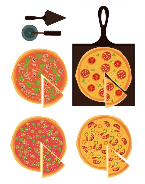 Vettore pizza e ingredienti imposta icone